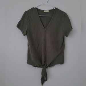 Stark X Anthropologie Elegant Olive V-Neck Tie-Front Top 100% Cotton Size S
